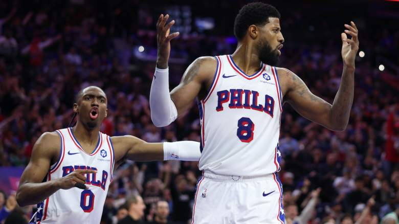 Paul George of the Philadelphia 76ers reacts