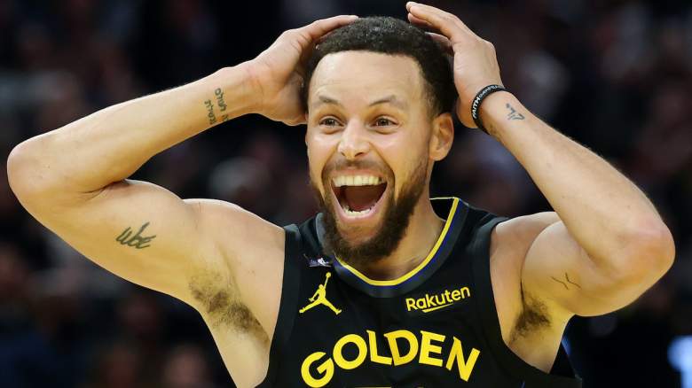 Stephen Curry #30 of the Golden State Warriors reacts
