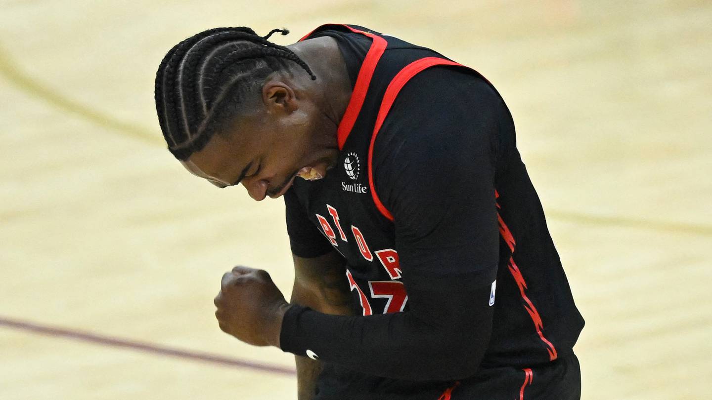 Apr 29, 2026; Cleveland, Ohio, USA; Toronto Raptors guard Jamal Shead (23) celebrates his three-point basket against the Cleveland Cavaliers in the third quarter of game five of the first round of the 2026 NBA Playoffs at Rocket Arena. Mandatory Credit: David Richard-Imagn Images
