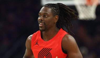 Apr 14, 2026; Phoenix, Arizona, USA; Portland Trail Blazers guard Jrue Holiday (5) reacts against the Phoenix Suns in the first half during the play-in rounds of the 2026 NBA Playoffs at Mortgage Matchup Center. Mandatory Credit: Mark J. Rebilas-Imagn Images