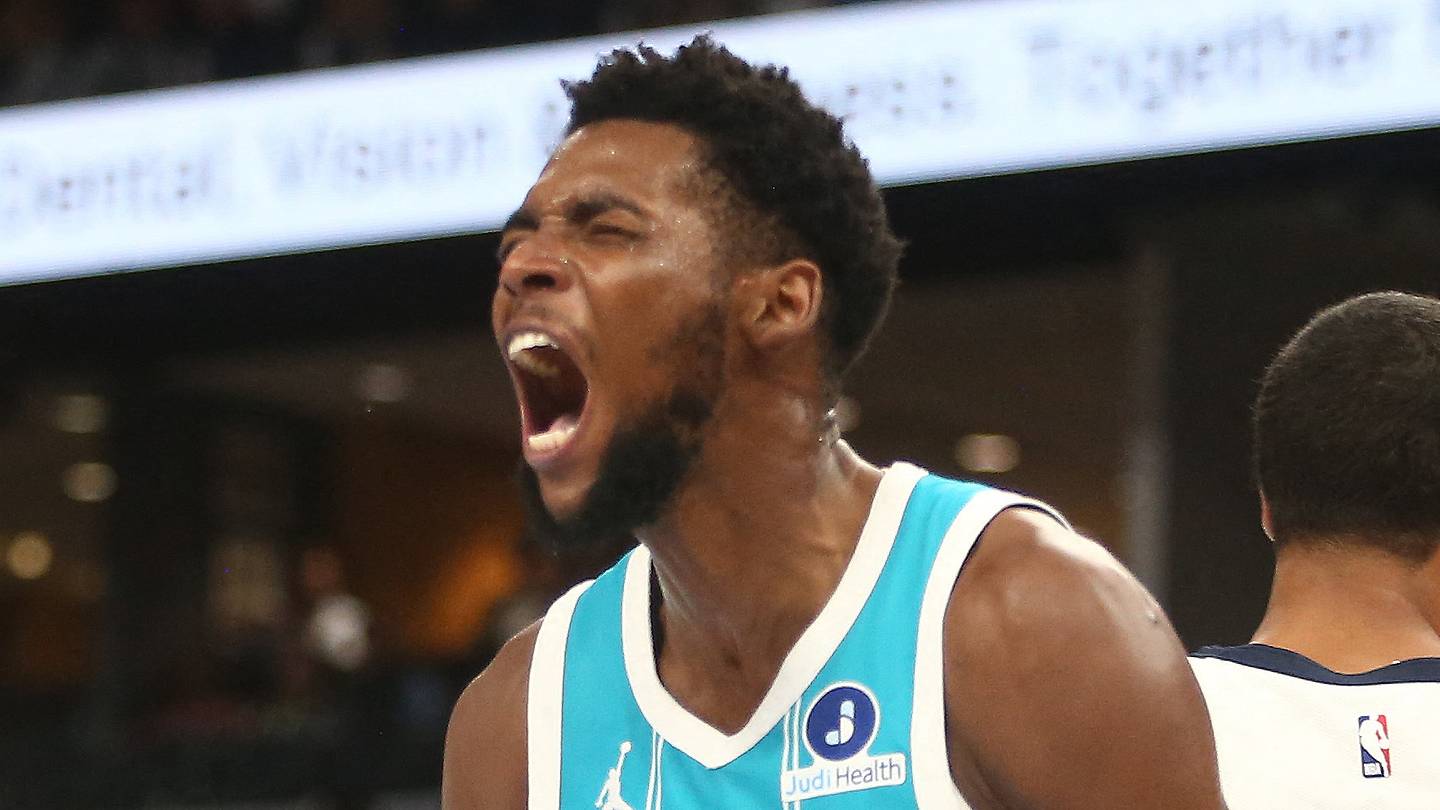 Oct 16, 2026; Memphis, Tennessee, USA;  Charlotte Hornets forward Brandon Miller (24) reacts during the third quarter against the Memphis Grizzlies at FedExForum.  Mandatory Credit: Petre Thomas-Imagn Images