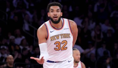 Oct 20, 2026; New York, New York, USA; New York Knicks center Karl-Anthony Towns (32) shoots a three point shot against the Philadelphia 76ers during the fourth quarter at Madison Square Garden. Mandatory Credit: Brad Penner-Imagn Images