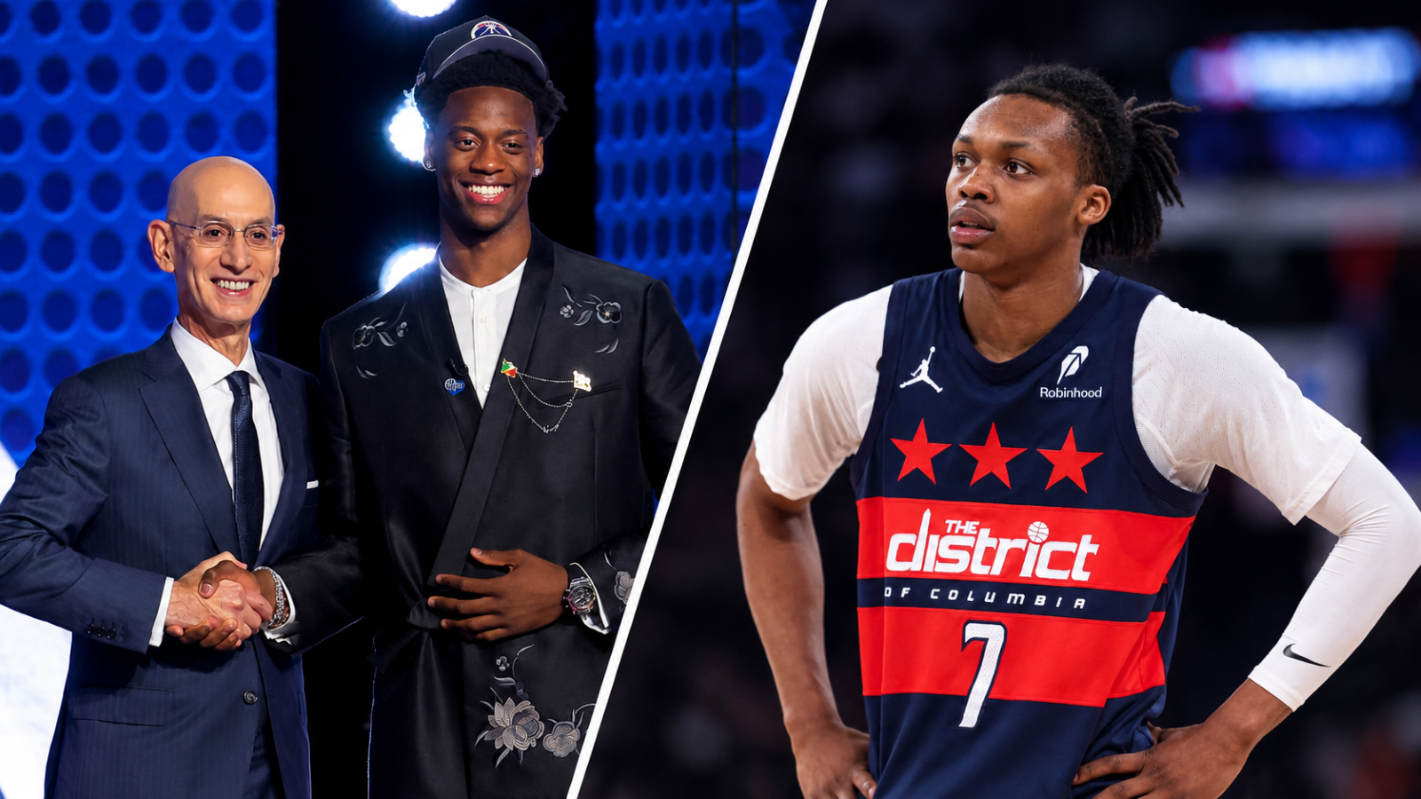 Jun 23, 2026; New York, NY, USA; AJ Dybantsa poses for photos with NBA commissioner Adam Silver after being selected first overall by the Washington Wizards during the 2026 NBA Draft at Barclays Center. Mar 22, 2026; New York, New York, USA; Washington Wizards guard Bub Carrington (7) looks on during the first half against the New York Knicks at Madison Square Garden.