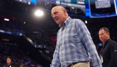 Mar 16, 2026; Inglewood, California, USA; LA Clippers owner Steve Ballmer reacts against the San Antonio Spurs in the first half at Intuit Dome.