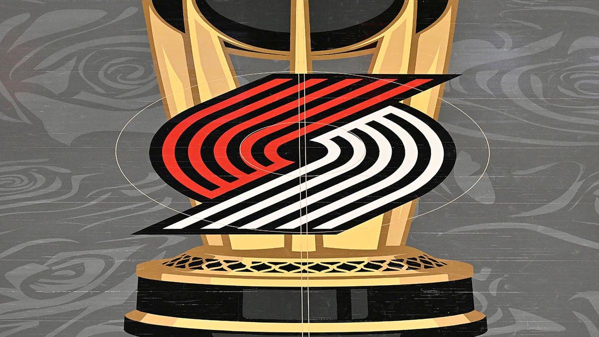 Center court logo at Moda Center before an NBA Cup game between the Portland Trail Blazers and Minnesota Timberwolves.
