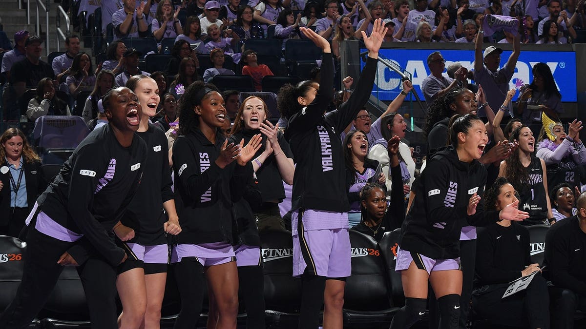 Golden State Valkyries celebrate during Game 1 of the 2026 WNBA Finals against the Atlanta Dream.