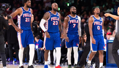 Philadelphia 76ers Joel Embiid (21) and LeBron James (23) and Jaylen Brown (7) and Tyrese Maxey (0) walk back on the court after a break in action against the Cleveland Cavaliers during the fourth quarter at Xfinity Mobile Arena.