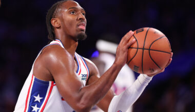 Philadelphia 76ers guard Tyrese Maxey (0) shoots a foul shot against the Detroit Pistons during the third quarter at Xfinity Mobile Arena.