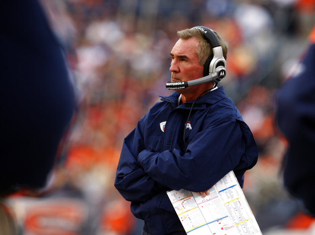 Denver Broncos head coach Mike Shanahan looks on from the sidelines during an NFL football game against the Kansas City Chiefs on Sunday, Dec. 7, 2008, in Denver. (AP Photo/David Zalubowski)