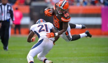 Cleveland Browns running back Duke Johnson (29) is tackled by Denver Broncos cornerback Aqib Talib (21) during an NFL football game Sunday Oct. 18, 2015, in Cleveland. Denver won 26-23 in overtime. (AP Photo/David Richard)