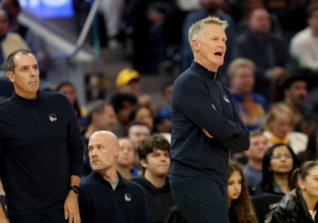 Golden State Warriors head coach Steve Kerr reacts on the sideline in the first quarter of their NBA game against the Golden State Warriors at the Chase Center in San Francisco, Calif., on Friday, October 23, 2026. (Jane Tyska/Bay Area News Group)