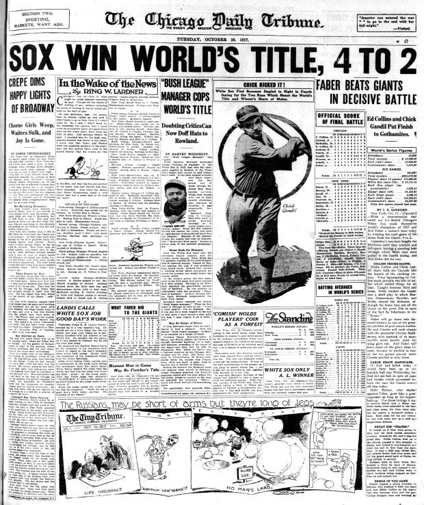 The Chicago White Sox beat the New York Giants 4-2 on Oct. 15, 1917 to capture the World Series. (Chicago Tribune)