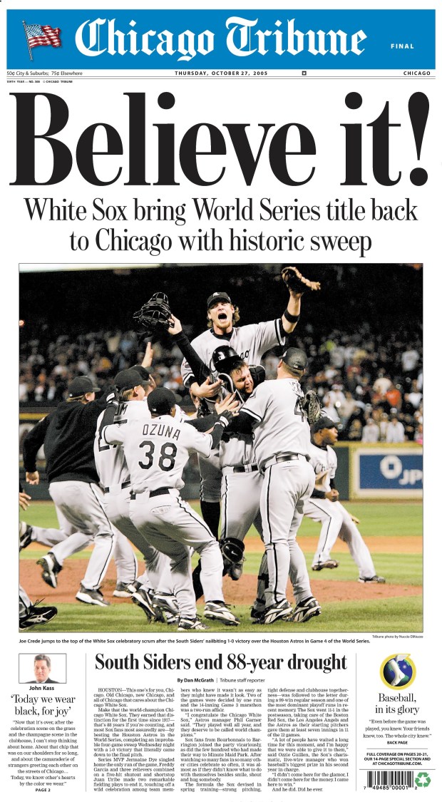 The Chicago White Sox swept the Houston Astros on Oct. 26, 2005, to win the team's third World Series. (Chicago Tribune)