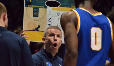 WVU Basketball HC Ross Hodge in huddle