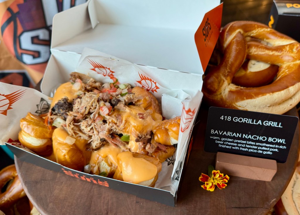 A nacho bowl made with pretzel bites.