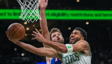 Celtics forward Jayson Tatum drives to the basket for a layup in Boston's win over the 76ers in the preseason Saturday night.