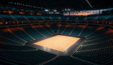 Empty basketball arena at dusk with a polished hardwood court glowing under teal and orange lights and rows of empty seats rising around it