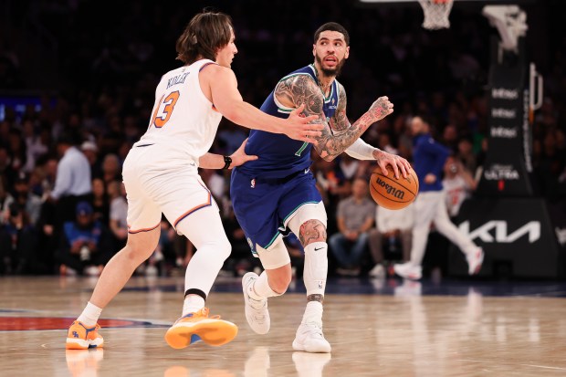 Timberwolves guard LaMelo Ball looks for a teammate while being guarded by the Knicks' Tyler Kolek in the second quarter of an exhibition at Madison Square Garden on Oct. 12, 2026, in New York City. (Ishika Samant / Getty Images)