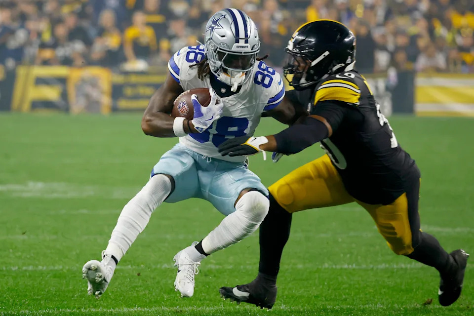 PITTSBURGH, PENNSYLVANIA - OCTOBER 06: CeeDee Lamb #88 of the Dallas Cowboys is tackled by Elandon Roberts #50 of the Pittsburgh Steelers during the first quarter at Acrisure Stadium on October 06, 2024 in Pittsburgh, Pennsylvania. (Photo by Justin K. Aller/Getty Images)