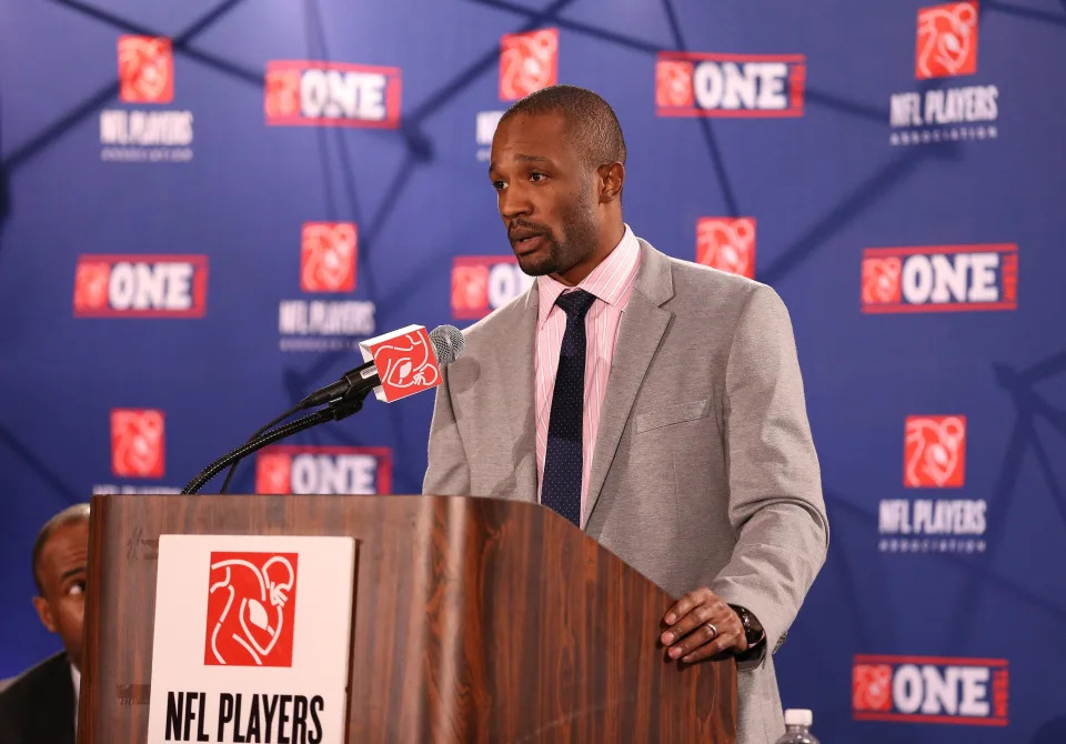 Jan 31, 2013; New Orleans, LA, USA; NFLPA president Domonique Foxworth speaks during the NFL players association press conference in preparation for Super Bowl XLVII at the New Orleans Convention Center. Super Bowl XLVII will be played between the San Francisco 49ers on February 3, 2013 at the Mercedes-Benz Superdome. Mandatory Credit: Matthew Emmons-USA TODAY Sports