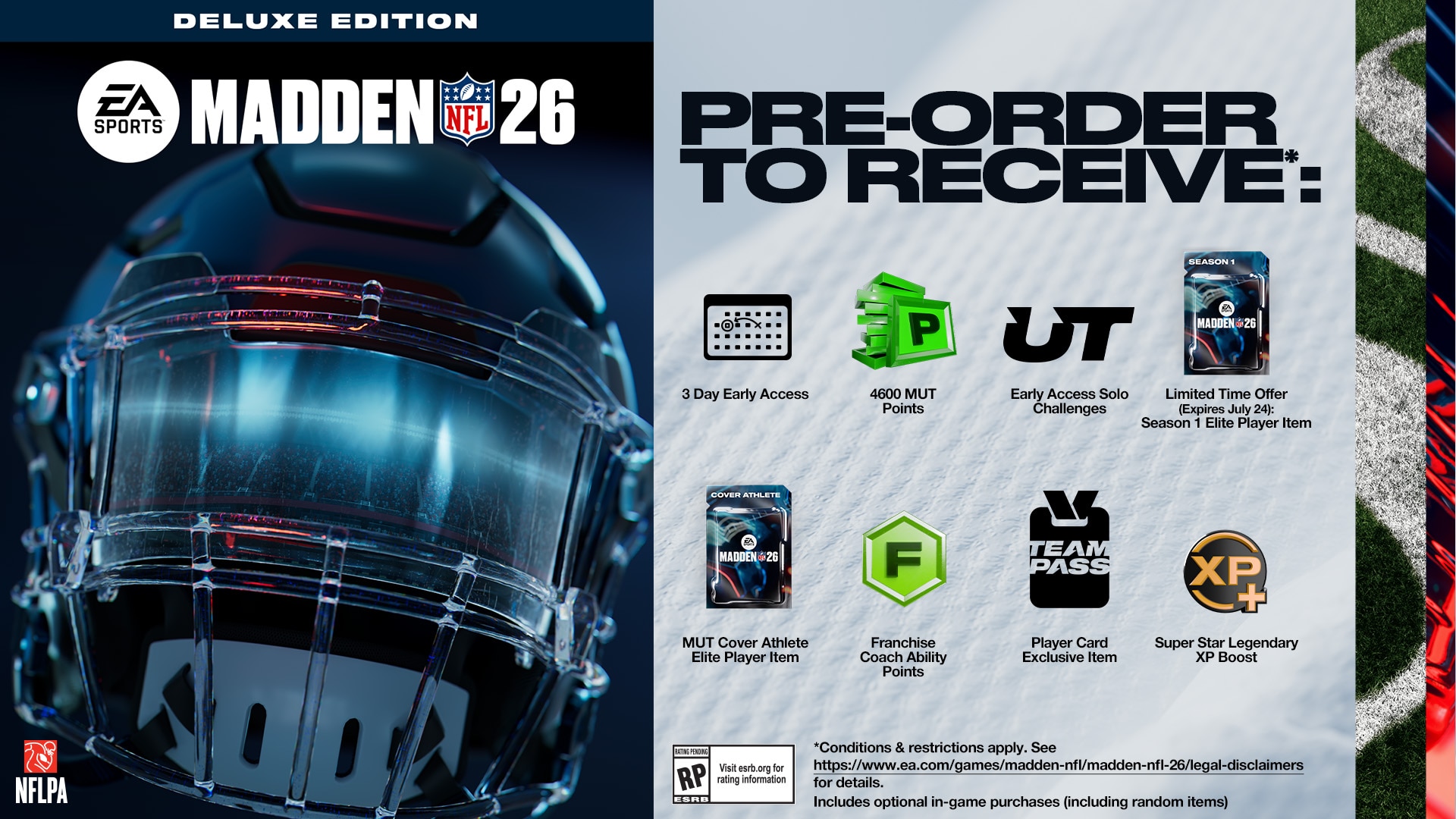 Madden NFL 26 deluxe edition specific pre order benefits listed out in an infographic.