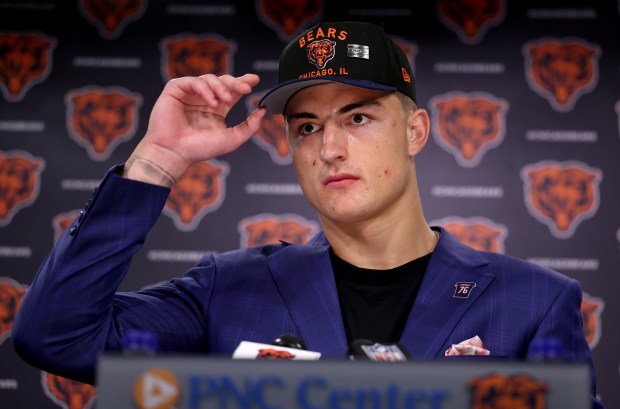 Tight end Colston Loveland, selected by the Bears with the No. 10 pick in the first round of the NFL draft, is introduced at Halas Hall on April 25, 2025. (Chris Sweda/Chicago Tribune)