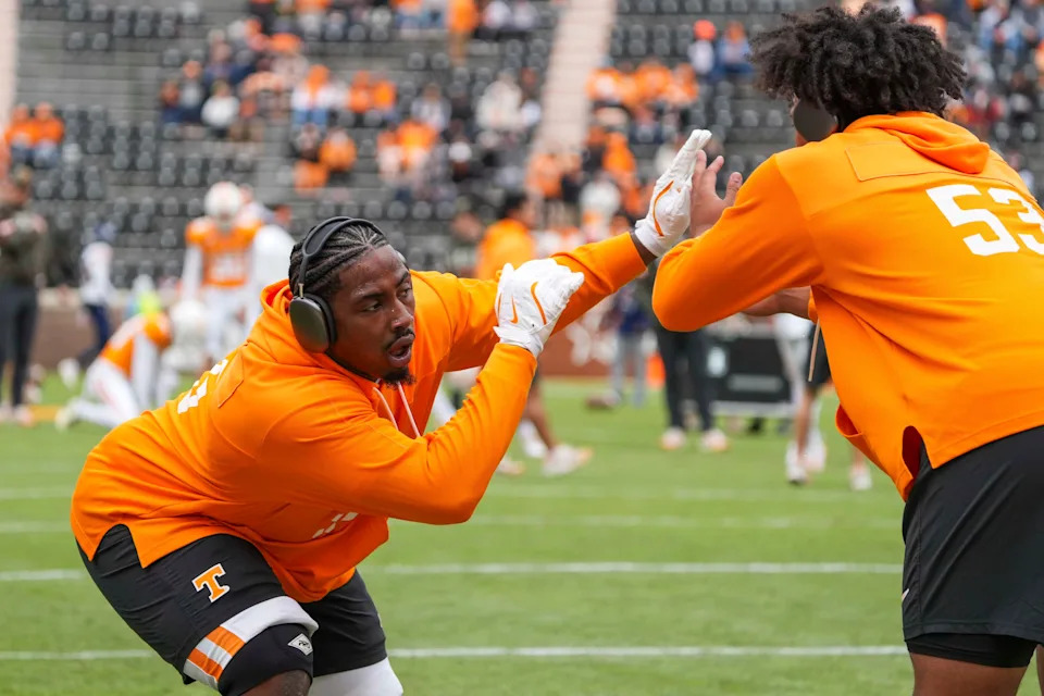 Tennessee defensive lineman Omarr Norman-Lott (55) and Tennessee defensive lineman Daevin Hobbs (53) during warm-ups before a NCAA football game between Tennessee and UTEP in Neyland Stadium on Saturday, November 23, 2024.