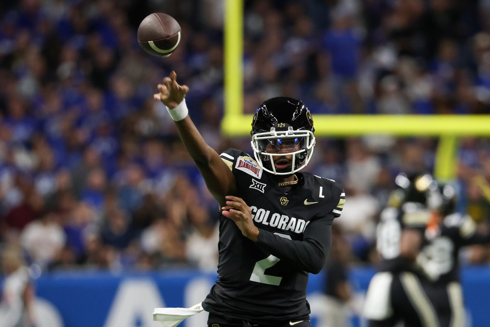 SAN ANTONIO, TX - DECEMBER 28: Colorado Buffaloes quarterback Shedeur Sanders (2) throws a warm up pass before the football game between BYU Cougars and Colorado Buffalos on December 28, 2024, at the Alamodome in San Antonio, Texas. (Photo by David Buono/Icon Sportswire)