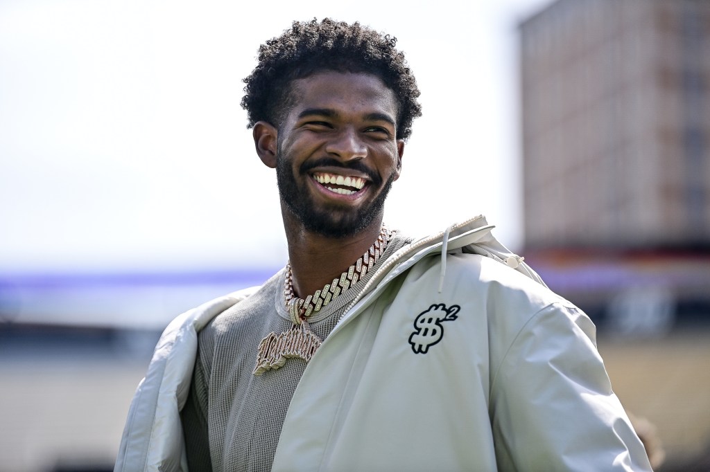 Former Colorado Buffaloes quarterback Shedeur Sanders looks on during a ceremony to retire his jersey before the Black and Gold Spring Game at Folsom Field on April 19, 2025 in Boulder, Colorado.