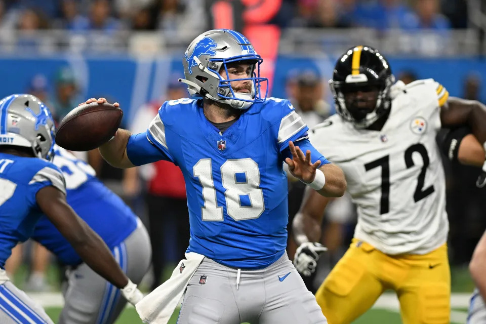Aug 24, 2024; Detroit, Michigan, USA; Detroit Lions quarterback Jake Fromm (18) throws a pass against the Pittsburgh Steelers in the fourth quarter at Ford Field. Mandatory Credit: Lon Horwedel-USA TODAY Sports