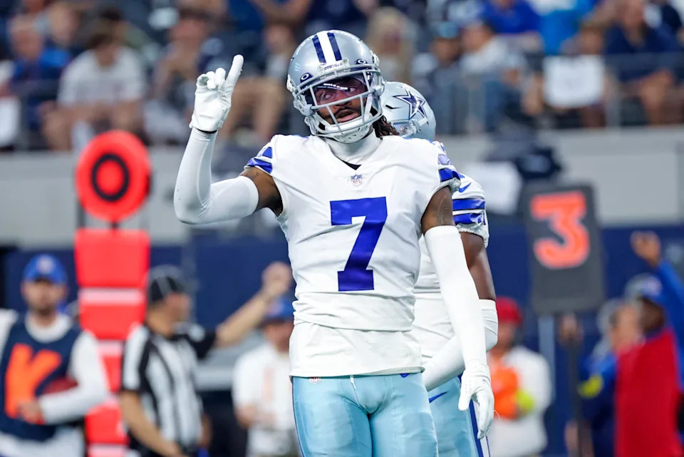 Oct 23, 2022; Arlington, Texas, USA; Dallas Cowboys cornerback Trevon Diggs (7) reacts during the first quarter against the Detroit Lions at AT&T Stadium.© Kevin Jairaj-USA TODAY Sports