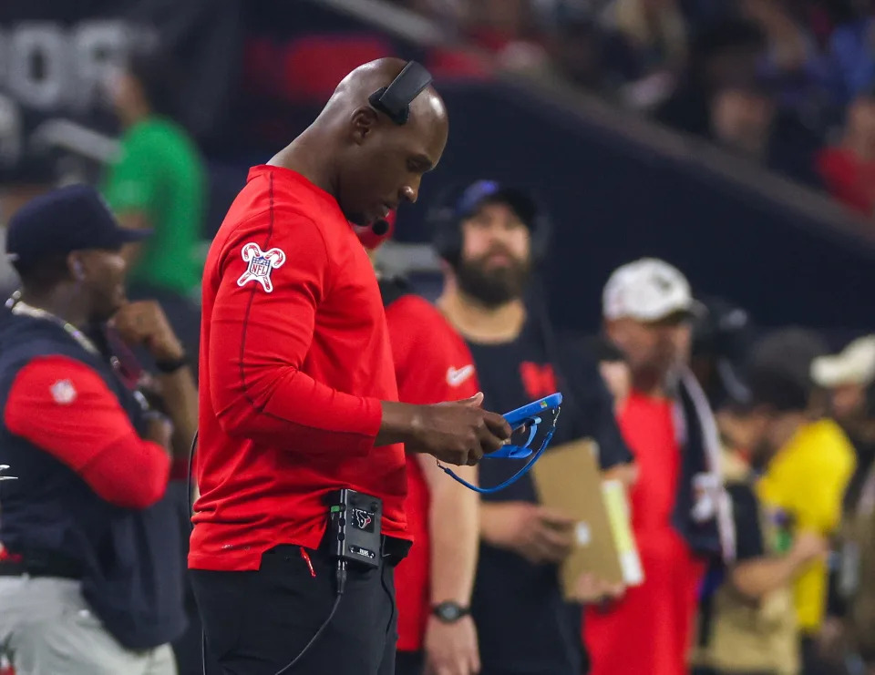 Dec 25, 2024; Houston, Texas, USA; Houston Texans head coach DeMeco Ryans coaches against the Baltimore Ravens in the second half at NRG Stadium. Mandatory Credit: Thomas Shea-Imagn Images