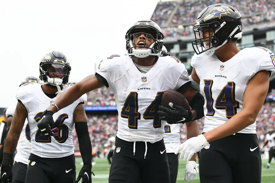 Baltimore Ravens cornerback Marlon Humphrey (44) and safety Kyle Hamilton (14)Brian Fluharty-Imagn Images