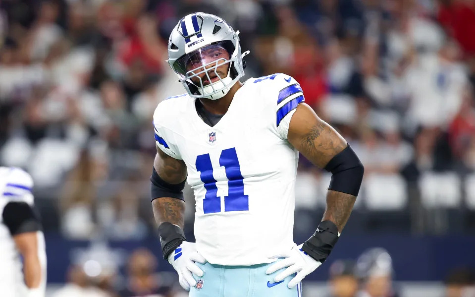 Nov 18, 2024; Arlington, Texas, USA; Dallas Cowboys linebacker Micah Parsons (11) reacts during the first quarter against the Houston Texans at AT&T Stadium. Mandatory Credit: Kevin Jairaj-Imagn Images