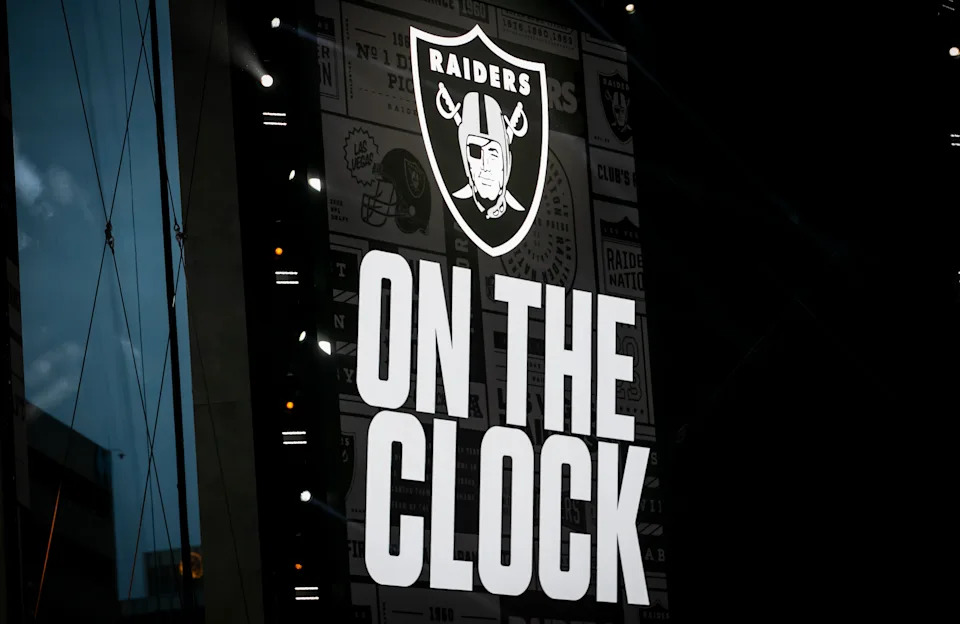 KANSAS CITY, MO - APRIL 27:  The on the clock branding is displayed for the Las Vegas Raiders during Round One of the 2023 NFL Draft on Thursday April 27, 2023 at Union Station in Kansas City, MO.  (Photo by Nick Tre. Smith/Icon Sportswire via Getty Images)