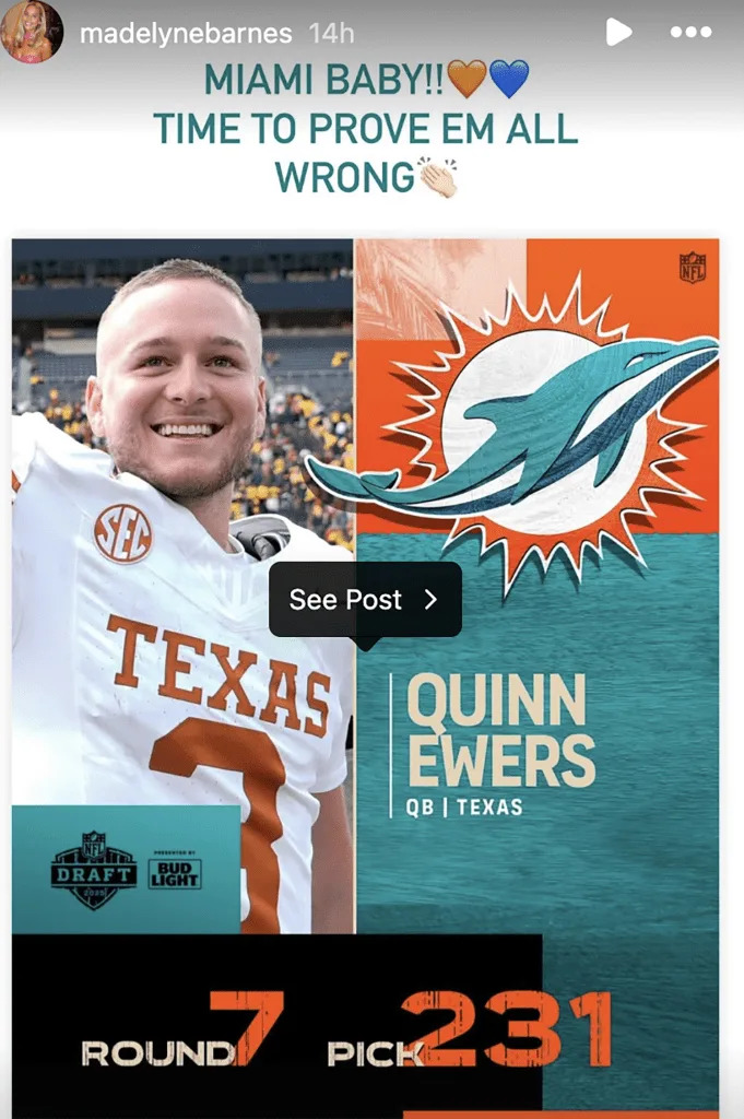 Madelyn Barnes celebrated Quinn Ewers being selected by the Dolphins in 2025 NFL Draft. MadelynBarnes/Instagram