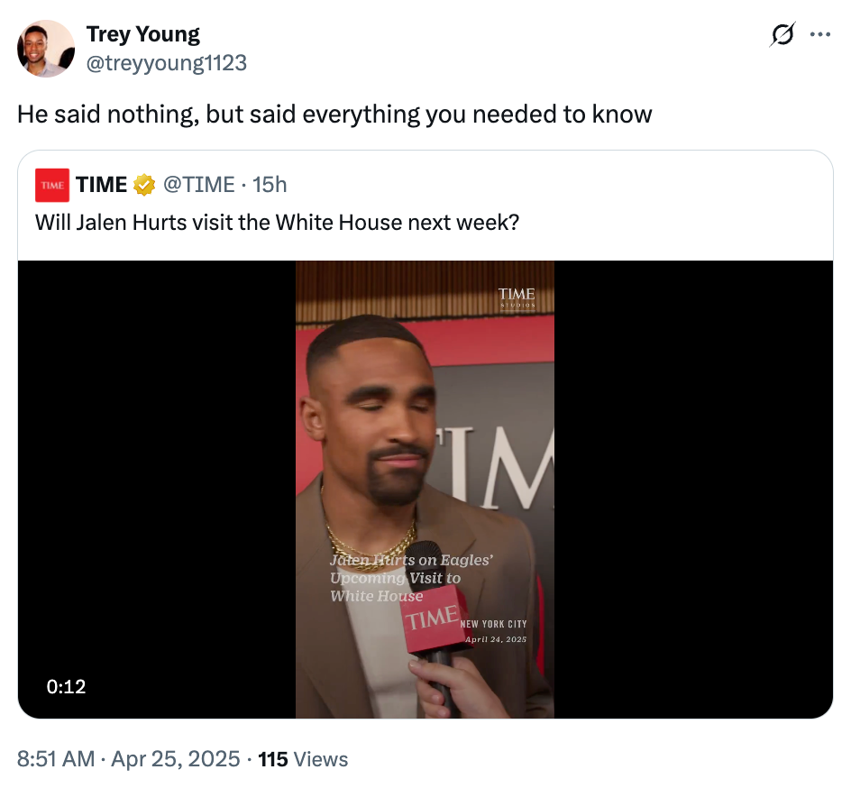 Man in a suit with a microphone near him during an interview. Text on image questions Eagles' Jalen Hurts visiting the White House