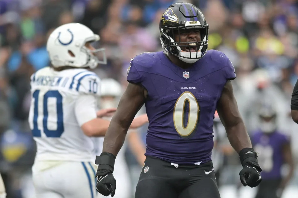 Sep 24, 2023; Baltimore, Maryland, USA; Baltimore Ravens linebacker Roquan Smith (0) reacts after a play during the second half against the Indianapolis Colts at M&T Bank Stadium. Mandatory Credit: Tommy Gilligan-USA TODAY Sports