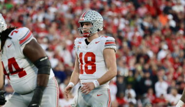 Graduate quarterback Will Howard (18) prepares for a snap during the No. 8 Buckeyes game against no. 1 Oregon at the Rose Bowl Wednesday in Pasadena, CA. The Buckeyes came out victorious with a 41-21 win over the Ducks. Credit: Carly Damon