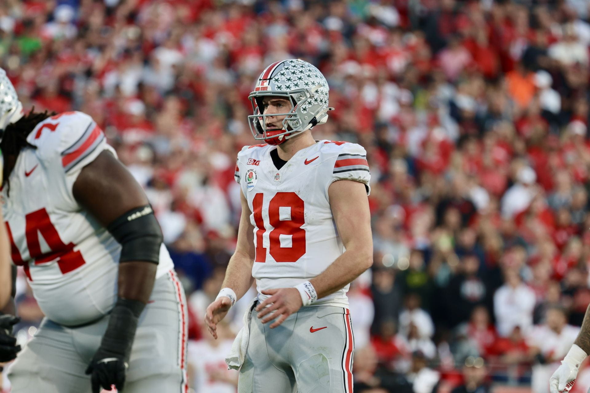 Graduate quarterback Will Howard (18) prepares for a snap during the No. 8 Buckeyes game against no. 1 Oregon at the Rose Bowl Wednesday in Pasadena, CA. The Buckeyes came out victorious with a 41-21 win over the Ducks. Credit: Carly Damon | Asst. Photo Editor