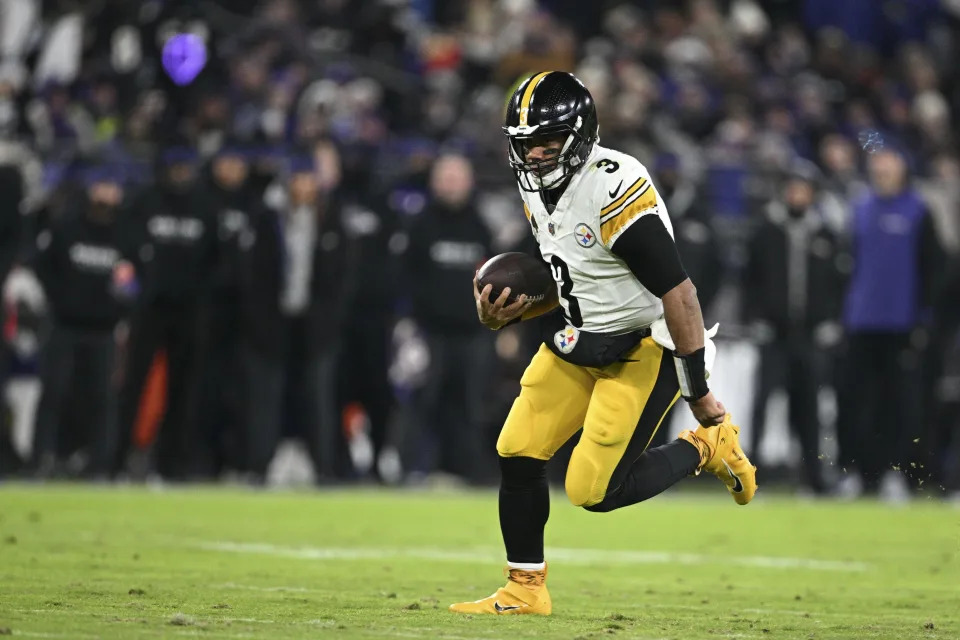 Dec 21, 2024; Baltimore, Maryland, USA; Pittsburgh Steelers quarterback Russell Wilson (3) rushes in the open field during the first half against the Baltimore Ravens at M&T Bank Stadium. Mandatory Credit: Tommy Gilligan-Imagn Images