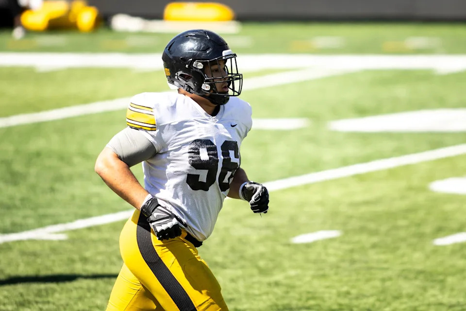 Apr 26, 2025; Iowa City, IA, USA; Iowa defensive lineman Bryce Hawthorne (96) runs a drill during a spring NCAA football open practice at Kinnick Stadium. Mandatory Credit: Joseph Cress/For the Register