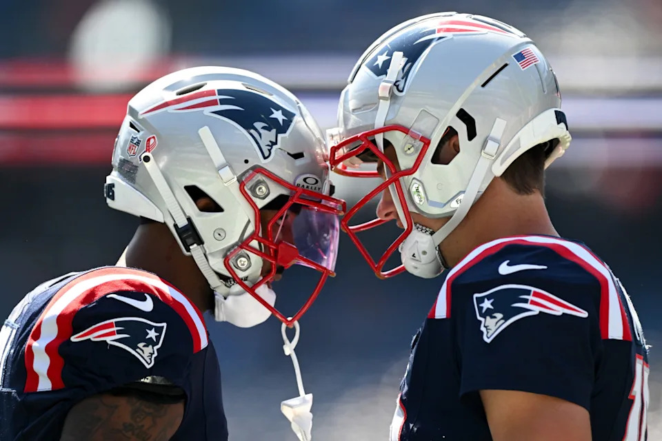 New England Patriots quarterback Drake Maye (10) and wide receiver Ja'Lynn Polk (1).Brian Fluharty-Imagn Images