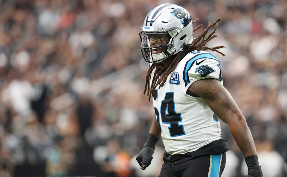 LAS VEGAS, NEVADA - SEPTEMBER 22: Shaq Thompson #54 of the Carolina Panthers celebrates during the third quarter of a game s Raiders at Allegiant Stadium on September 22, 2024 in Las Vegas, Nevada. (Photo by Ian Maule/Getty Images)