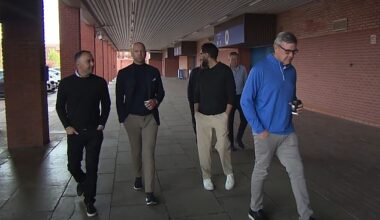 Paraag Marathe, Andrew Cavenagh and a group of US investors are shown round Ibrox on Tuesday as takeover talks progress. Picture: STV