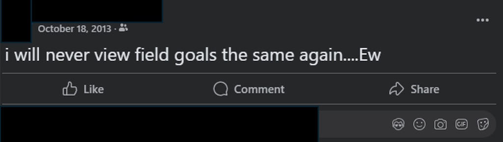 A screenshot of a 2013 post by J. from her private Facebook page provided by her lawyer, who redacted portions of the post to protect her privacy.