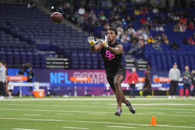 California defensive back Craig Woodson runs a drill at the NFL football scouting combine in Indianapolis, Friday, Feb. 28, 2025. (AP Photo/Michael Conroy)