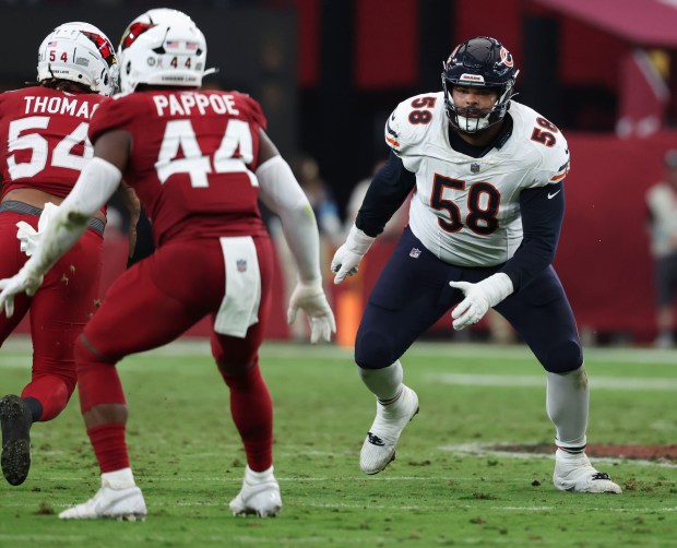Bears offensive tackle Darnell Wright (58) blocks against the Cardinals on Nov. 3, 2024, in Glendale, Arizona. (Brian Cassella/Chicago Tribune)