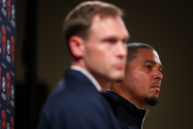 Bears general manager Ryan Poles, right, and coach Ben Johnson discuss the team's moves in free agency and the trade market March 12, 2025, at Halas Hall in Lake Forest. (Audrey Richardson/Chicago Tribune)