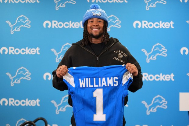 Ohio State defensive tackle Tyleik Williams, the Lions' first-round pick at No. 28 in the NFL draft, poses during a news conference April 25, 2025, in Allen Park, Mich. (AP Photo/Paul Sancya)